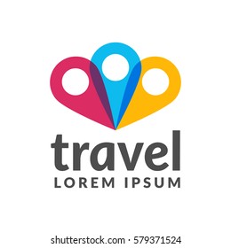 Travel logo. Pin logo. Location on map logo concept. Travel icon. Trip, Holiday logo. Location icon. Map location icon. Holiday icon. 