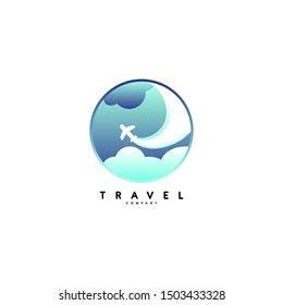 travel logo with plane and cloud illustration in vector