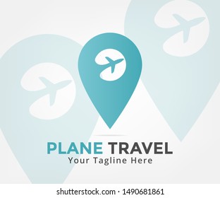Travel logo with plane and pin location, simple and elegant travel logo with blue color