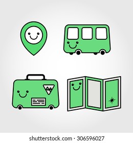Travel logo set. Icons with smile face: map pointer, bus, suitcase and map