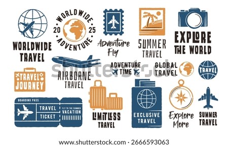 Travel Logo Set. Large set of Travel logos for Vacation, Flight, Journey, Ticket, and Adventure themes. Simple emblems for branding and label. Vector illustration.