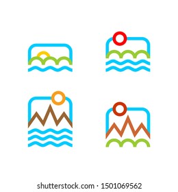 Travel logo set. Sky and Sea. Travel agency sign. Nature icon. Mountains and fields symbol
