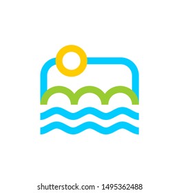Travel logo. Sky and Sea. Travel agency sign. Nature icon. Mountains and fields symbol
