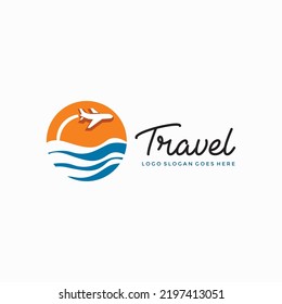 Travel logo, sun beach airplane logo vector image