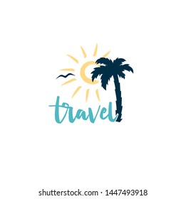 Travel logo with sun and palm tree isolated colorful
