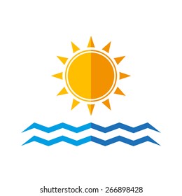 travel logo template. flat design. sun and sea waves. isolated on white background. vector illustration