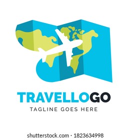 travel logo template with map and plane