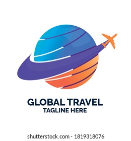 travel logo template with plane and globe