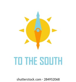 travel logo template. sun and compass arrow or needle, which points to the south. isolated on white background. vector illustration
