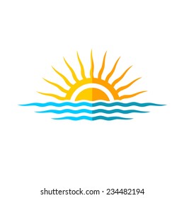 Travel logo template. Sun with sea waves.