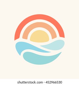 Travel logo template. Sun with sea waves.