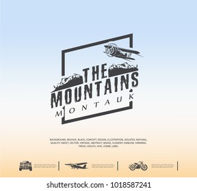 Travel logo, Tourism concept, vector graphics, emblem of extreme sport, landscape with mountain view