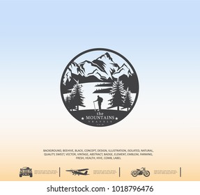 Travel logo, Tourism concept, vector graphics, emblem of extreme sport, landscape with mountain view