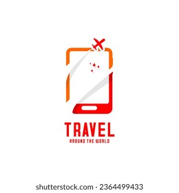 logotipo de viaje, vector de un avión que vuela alrededor de un smartphone