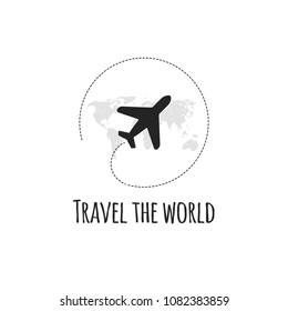 Travel logo. Vector illustration. Black airplane. Isolated on white