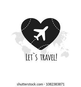 Travel logo. Vector illustration. Black airplane. Isolated on white