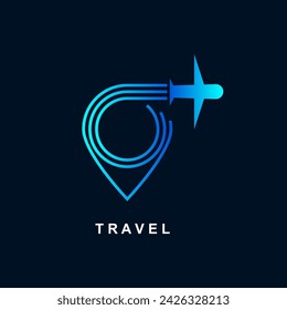 Travel logo vector. Pin line with airplane icon.