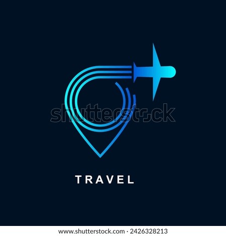 Travel logo vector. Pin line with airplane icon.