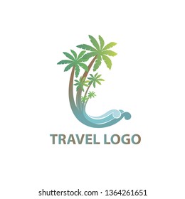 Travel logo; Vector resort logo with beach and coconut palms