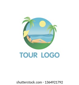 Travel logo; Vector resort logo with beach and coconut palms