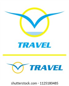 travel logo. Vector template.  elegant design of flying bird, horizon and globe.