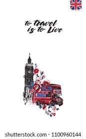 Travel London banner. Retro British promo card or flyer with Big Ben with red bus and text: to travel is to live. Postcard or poster design for tourists in London, Great Britain, UK. Travel concept.