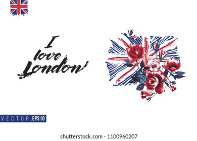Travel London banner. Retro British promo card or flyer with GB flag with roses and text: i love london. Postcard or poster design for tourists in London, Great Britain, UK. Travel concept.