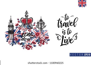 Travel London banner. Retro British promo card or flyer with symblos of United Kingdom and text: to travel is to live. Postcard or poster design for tourists in London, Great Britain, UK.