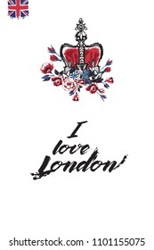 Travel London banner. Retro British promo card or flyer with crown with red and text: i love london. Postcard or poster design for tourists in London, Great Britain, UK. Travel concept.