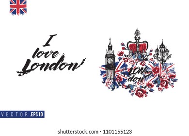 Travel London banner. Retro British promo card or flyer with symblos of United Kingdom and text: i love london. Postcard or poster design for tourists in London, Great Britain, UK. Travel concept.