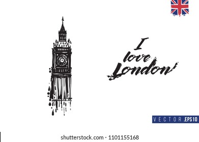 Travel London banner. Retro British promo card or flyer with Big Ben and roses and text: i love london. Postcard or poster design for tourists in London, Great Britain, UK. Travel concept.