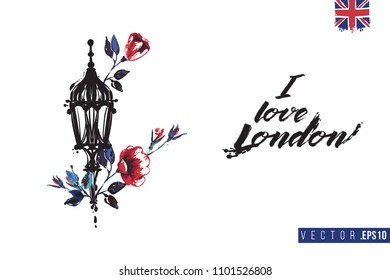 Travel London banner. Retro British promo card or flyer with vintage lantern and roses and text: i love london. Postcard or poster design for tourists in London, Great Britain, UK. Travel concept.