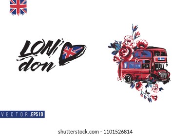 Travel London banner. Retro British promo card or flyer with red London bus with flowers and text: london heart logo. Postcard or poster design for tourists in London, Great Britain, UK.