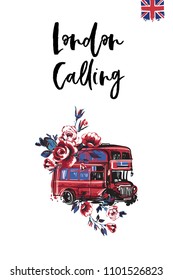 Travel London banner. Retro British promo card or flyer with red London bus with flowers and text: london calling. Postcard or poster design for tourists in London, Great Britain, UK. Travel concept.