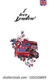 Travel London banner. Retro British promo card or flyer with red London bus with flowers and text: i love london. Postcard or poster design for tourists in London, Great Britain, UK. Travel concept.