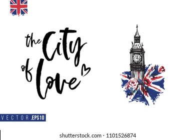 Travel London banner. Retro British promo card or flyer with Big Ben with roses and flag and text: the city of love. Postcard or poster design for tourists in London, Great Britain, UK.