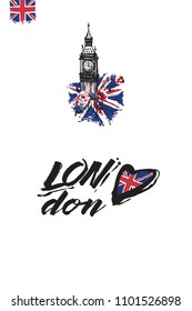 Travel London banner. Retro British promo card or flyer with Big Ben with roses and flag and text: london heart logo. Postcard or poster design for tourists in London, Great Britain, UK.