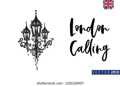 Travel London banner. Retro British promo card or flyer with vintage street lamp and text: london calling. Postcard or poster design for tourists in London, Great Britain, UK. Travel concept.