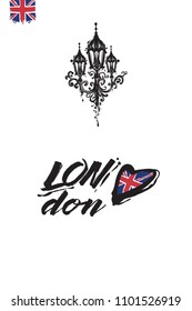 Travel London banner. Retro British promo card or flyer with vintage street lamp and text: london heart logo. Postcard or poster design for tourists in London, Great Britain, UK. Travel concept.