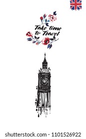 Travel London banner. Retro British promo card or flyer with Big Ben and roses and text: take time to travel. Postcard or poster design for tourists in London, Great Britain, UK. Travel concept.