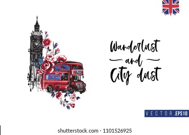 Travel London banner. Retro British promo card or flyer with Big Ben with red bus and text: wanderlust and city dust. Postcard or poster design for tourists in London, Great Britain, UK.