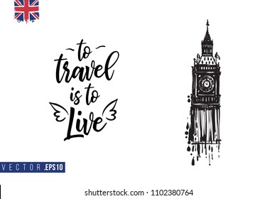 Travel London banner. Retro British promo card or flyer with Big Ben and roses and text: to travel is to live. Postcard or poster design for tourists in London, Great Britain, UK. Travel concept.