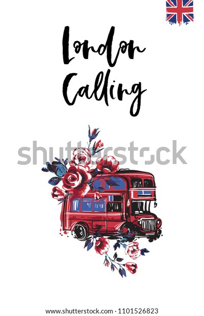 Travel London banner. Retro British promo card\
or flyer with red London bus with flowers and text: london calling.\
Postcard or poster design for tourists in London, Great Britain,\
UK. Travel concept.