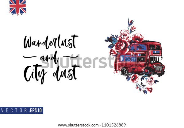 Travel London banner. Retro British promo card or\
flyer with red London bus with flowers and text: wanderlust and\
city dust. Postcard or poster design for tourists in London, Great\
Britain, UK.