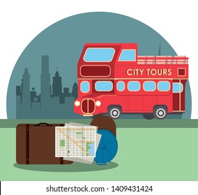 Travel london bus with luggage hat and city map in the city vector illustration graphic design
