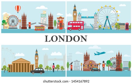 Travel To London composition with transport british royal guards famous landmarks and attractions in flat style vector illustration