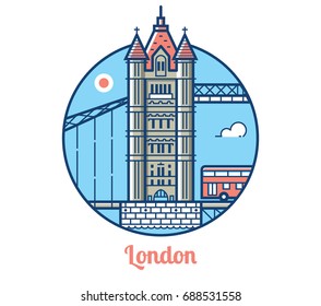 Travel London destination icon or sticker. Tower bridge is one of the famous architectural landmarks and tourist attractions in capital of Great Britain. Thin line circle emblem.