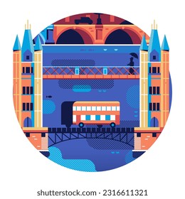 Travel London geometric icon or sticker with red bus and colorful bridge inspired by famous tower bridge landmark. Visit UK concept in circle shape with popular Great Britain tourist symbol.