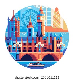 Travel London geometric icon or sticker with clock tower and parliament building on Thames river inspired by famous Big Ben and Westminster Palace landmark. Visit UK concept in circle shape.