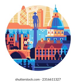 Travel London geometric icon or sticker with admiral Nelson statue and church dome on Thames river inspired by famous Saint Paul cathedral landmark. Visit UK concept in circle shape.